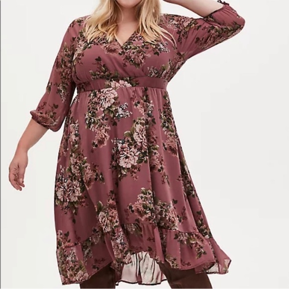 Torrid Mauve Floral Print Crossover Front Chiffon 3/4‎ Sleeve Midi Dress 5X NEW - Picture 1 of 12